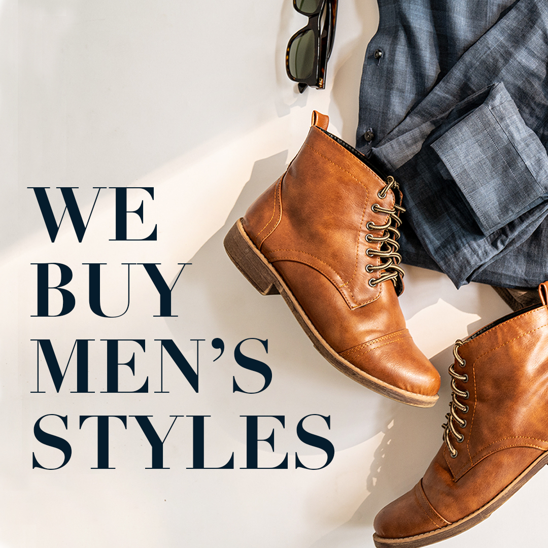 Mens clothing and shoes in a pile with text that reads 